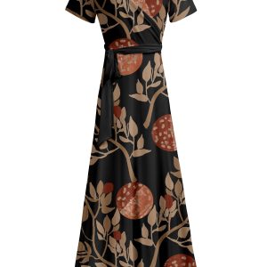 Lily by Firmiana Women's Short Sleeve Wrap-Style Maxi Dress with Tie Black & Tan Tropical Leaf Print