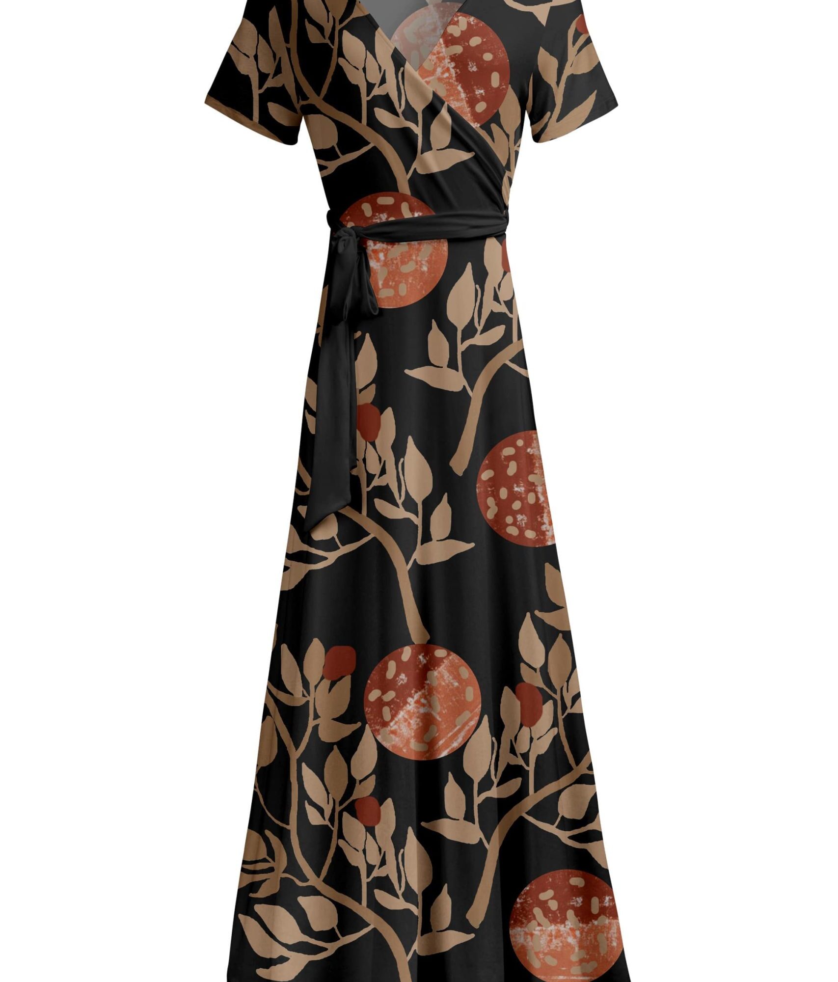 Lily by Firmiana Women's Short Sleeve Wrap-Style Maxi Dress with Tie Black & Tan Tropical Leaf Print