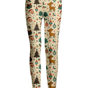 Lily by Firmiana Women's Medium Rise Printed Legging Cream Christmas Tree Toss Print