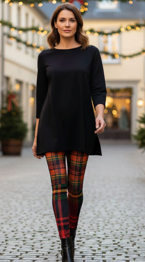 Lily by Firmiana Women's Medium Rise Printed Legging Red Plaid with Gold Holiday Print - Image 3