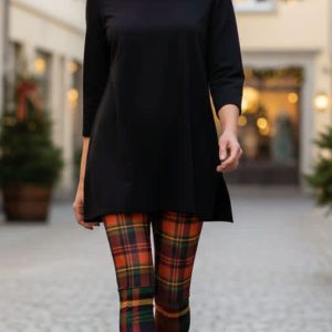 Lily by Firmiana Women's Medium Rise Printed Legging Red Plaid with Gold Holiday Print