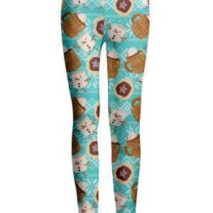Lily by Firmiana Women's Medium Rise Printed Legging Blue & Brown Marshmallow Snowman Print