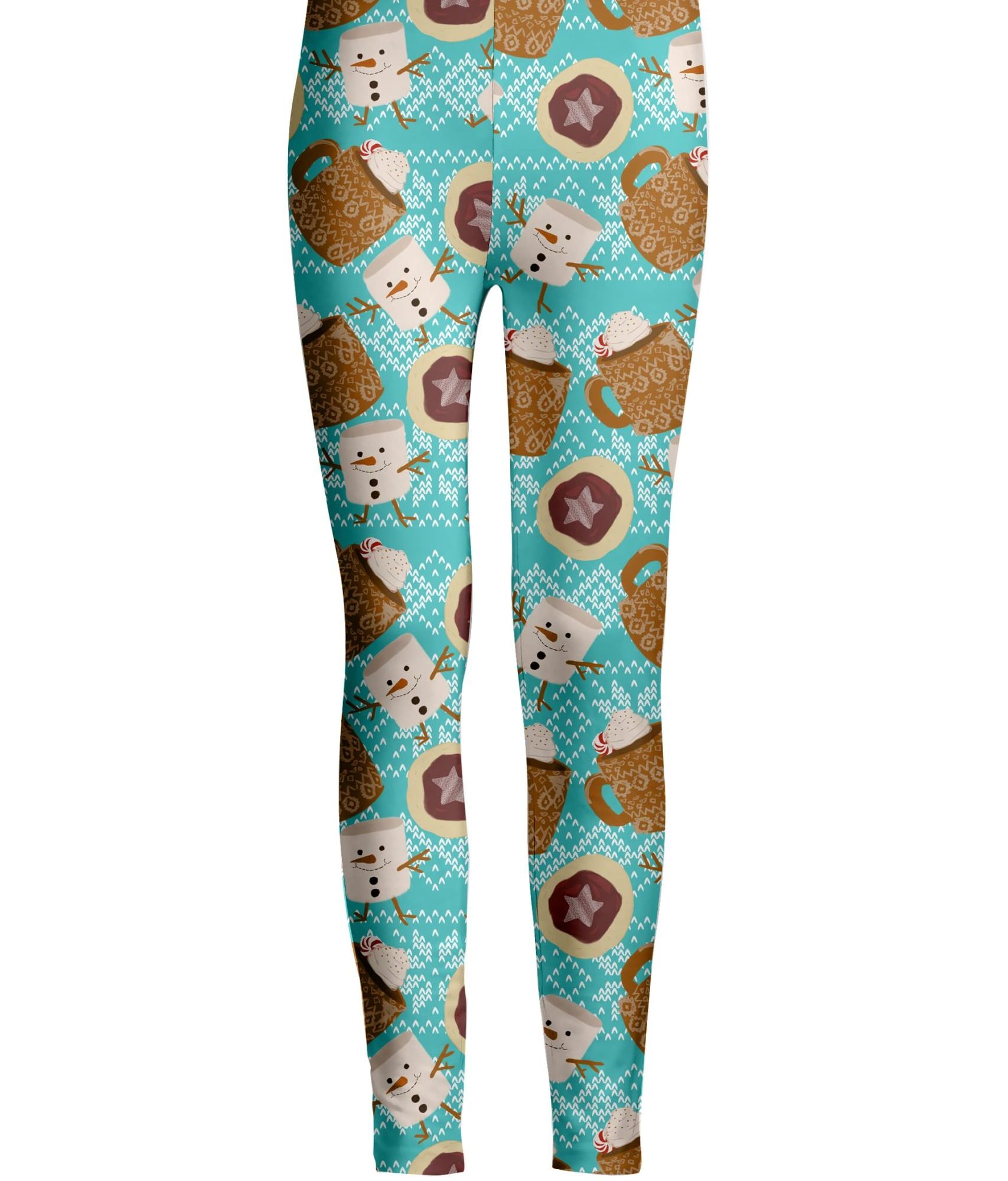 Lily by Firmiana Women's Medium Rise Printed Legging Blue & Brown Marshmallow Snowman Print