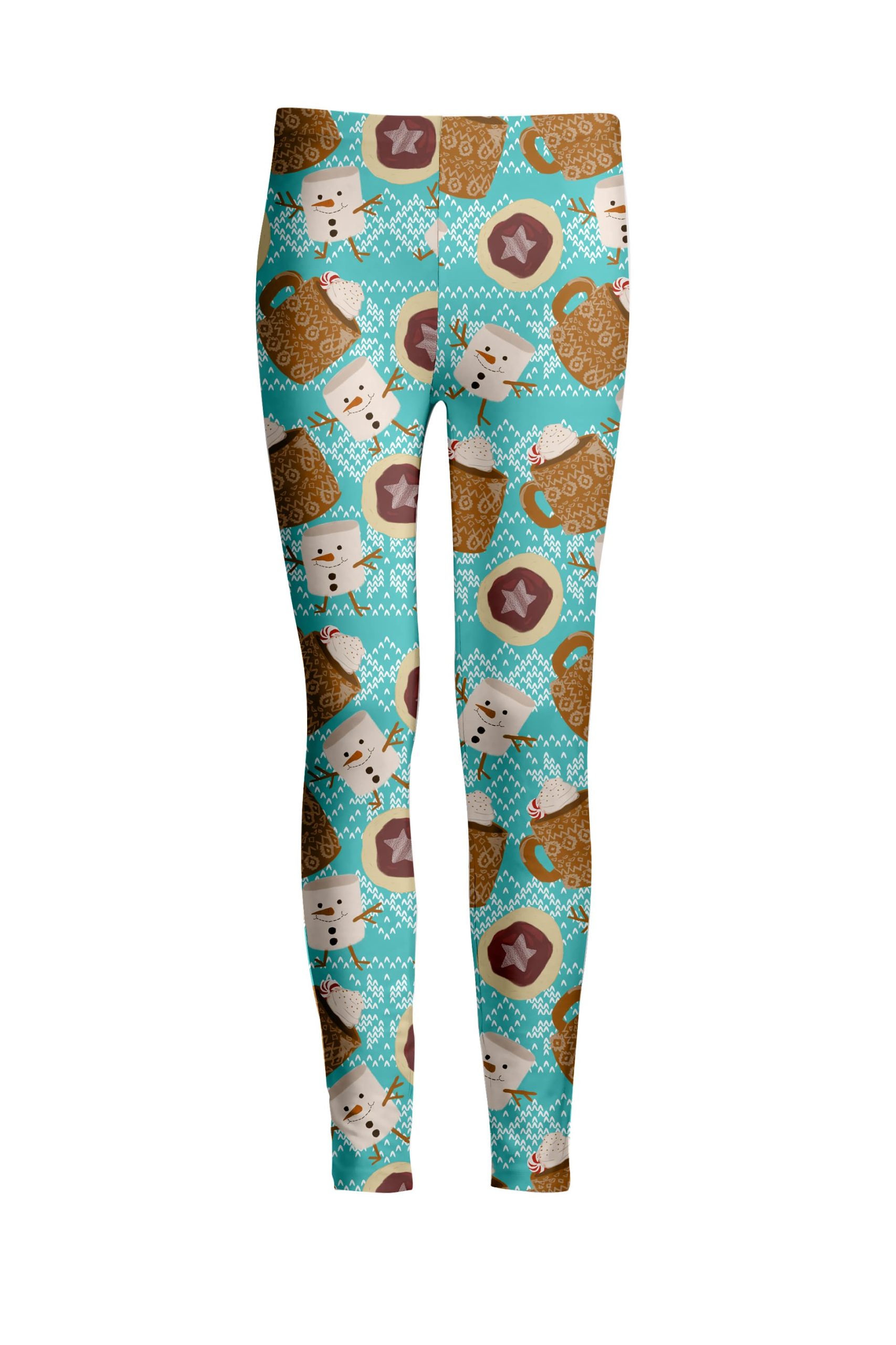 Lily by Firmiana Women's Medium Rise Printed Legging Blue & Brown Marshmallow Snowman Print