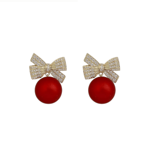 Don't AsK Red Pearl Crystal Bow Stud Earrings ?C Festive Holiday Jewellery for Women