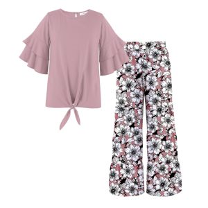 Dusty Pink Knot-Hem Top & Floral Print Tiered Pants