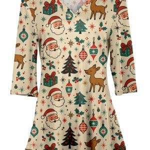 Lily by Firmiana Women's 3/4 Sleeve Notch Neck Tunic Beige Christmas Tree Village Holiday Print