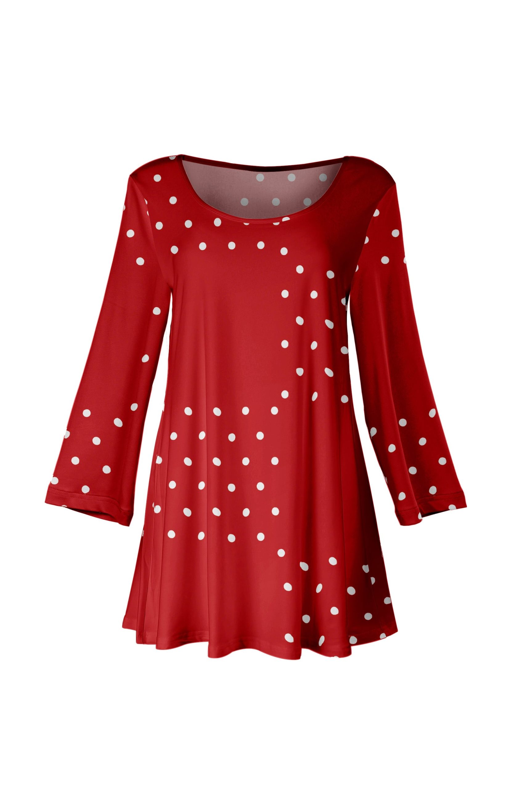 Lily by Firmiana Women's Long Sleeve Scoop Neck Flared Hem Tunic Red & White Candy Cane Dot Print - Image 3