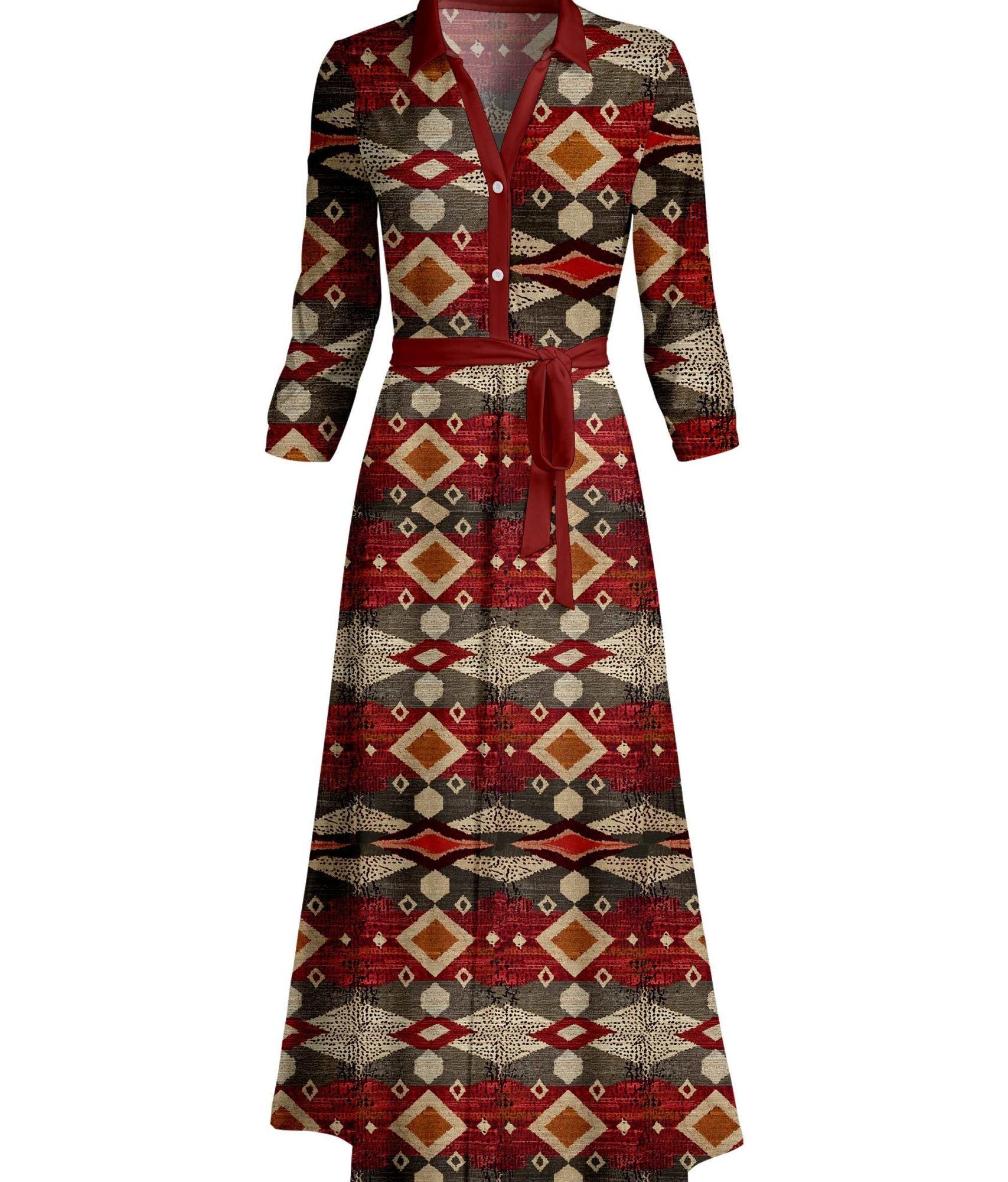 Lily by Firmiana Women's Long Sleeve Collared Maxi Dress with Tie Red & Tan Diamond Geo