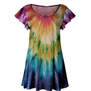 Lily by Firmiana Women's Short Sleeve Flutter Hem Tunic Top Purple & Yellow Tie Dye
