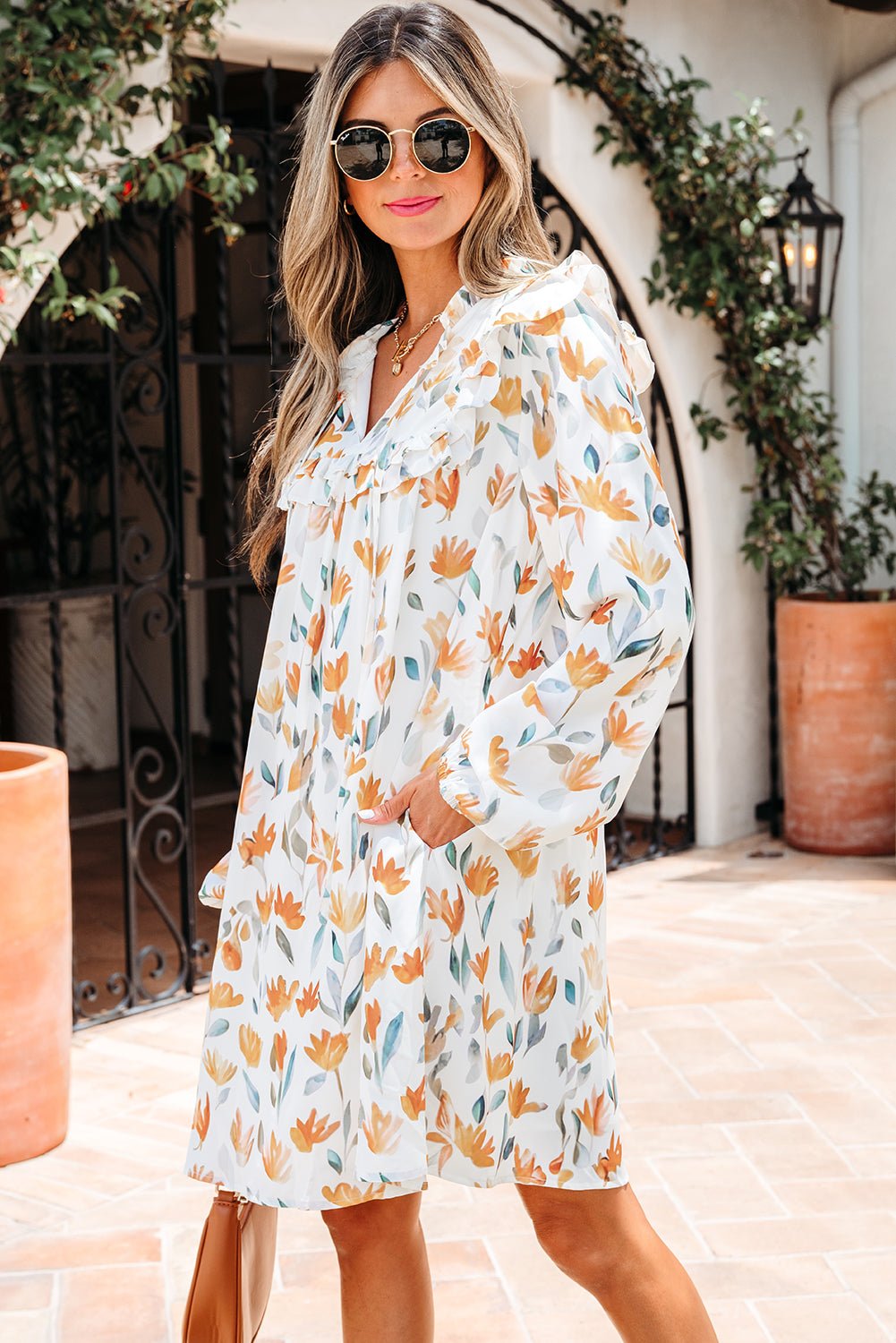 Katherine Floral Tie Neck Frilled Long Sleeve Dress by Threaded Pear - Image 3