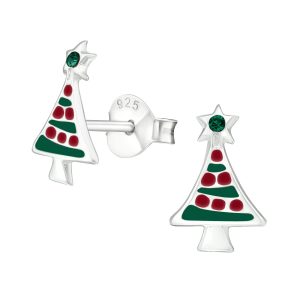 Ag Sterling Red & Green Christmas Tree with Green CZ Star Dainty Stud Earrings