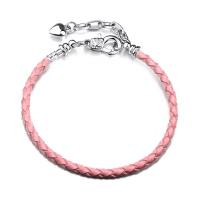 Silvertone braided leather adjustable charm bracelet in pink