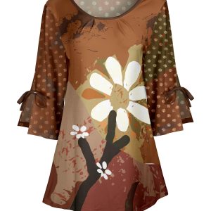 Lily by Firmiana Women's Round Neck Tunic with Split Hem ¾ Sleeves and Tie Detail Brown Daisy Floral Patchwork