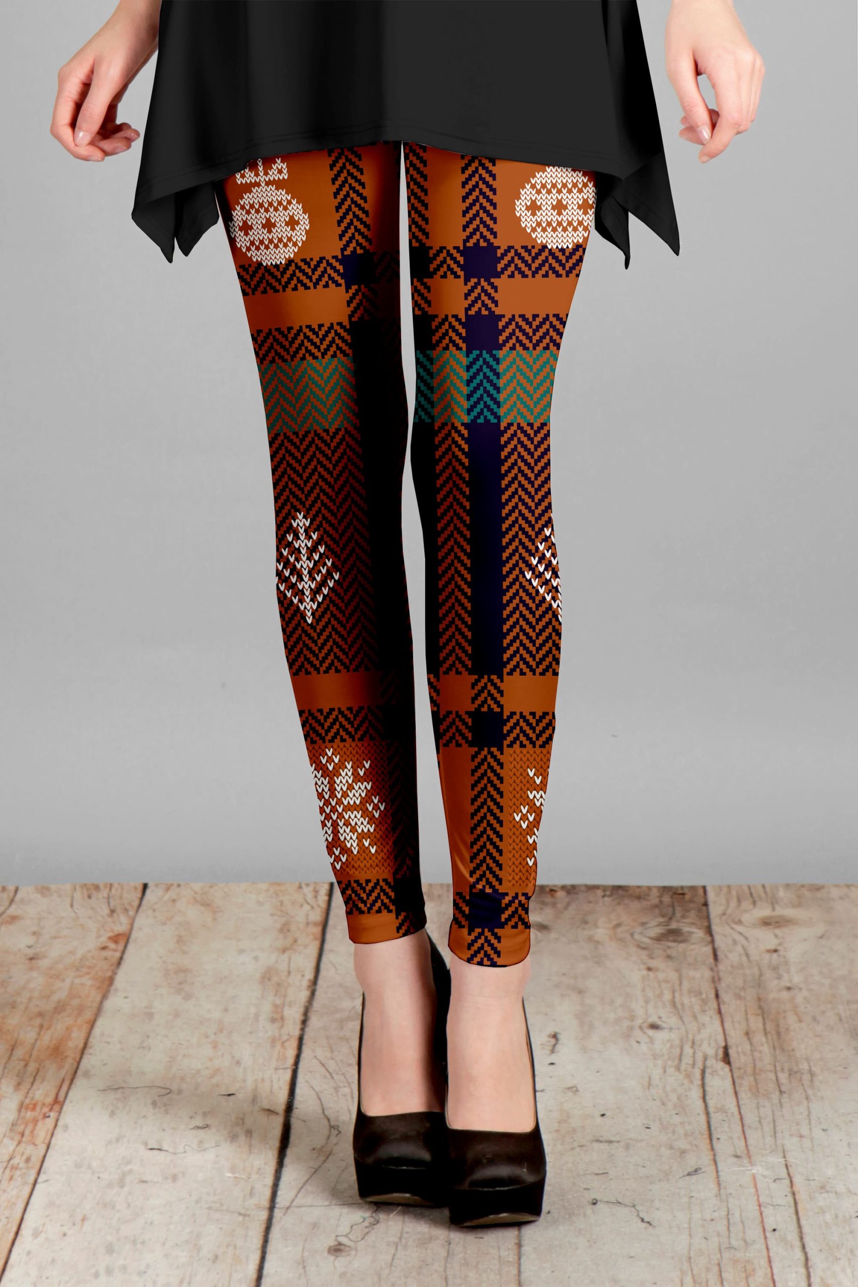 Lily by Firmiana Women's Medium Rise Printed Legging Brown Patchwork Holiday Print - Image 2