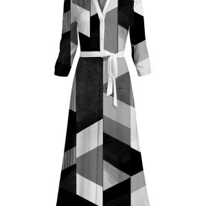 Lily by Firmiana Women's Long Sleeve Collared Maxi Dress with Tie Black & White Block Pattern