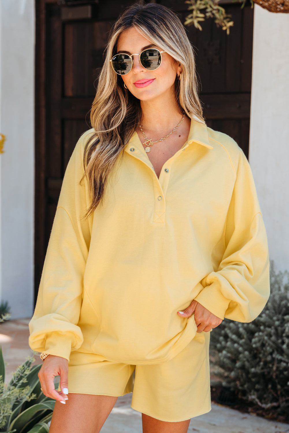 Kylie Button Collar Drop Shoulder Pullover and Shorts 2pcs Outfit by Threaded Pear - Image 4