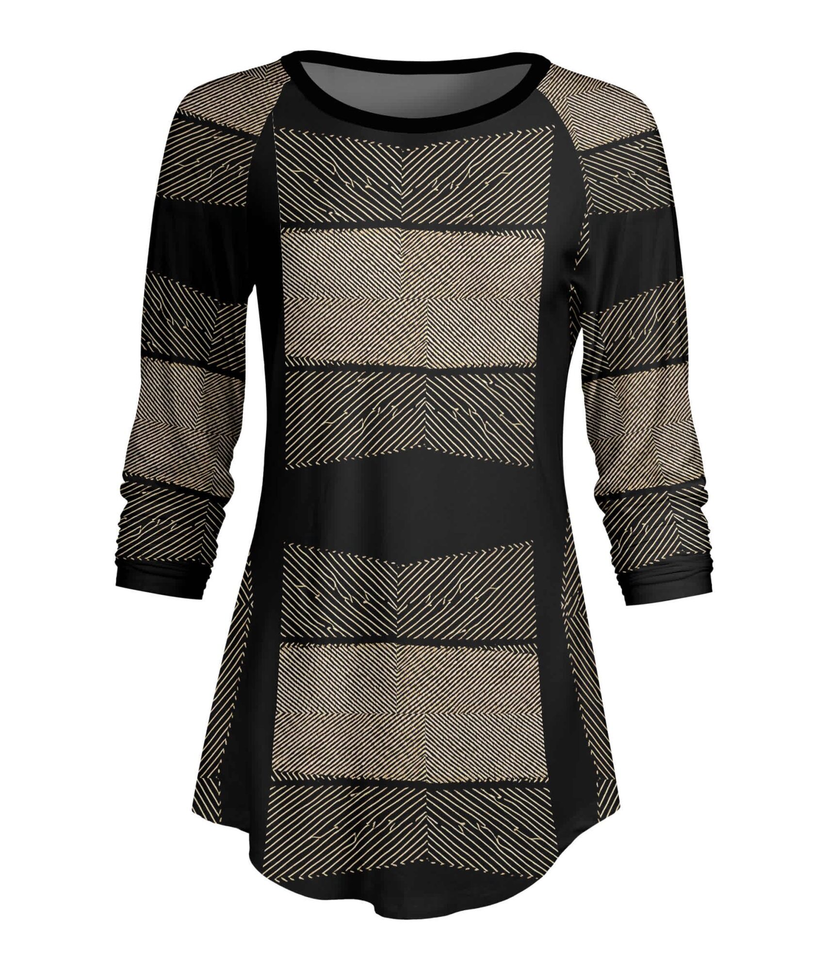 Lily by Firmiana Women's ¾ Sleeve Scoop Neck Tunic Top Gold & Black Stripe Print