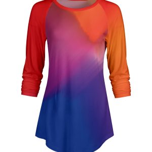 Lily by Firmiana Women's ¾ Sleeve Scoop Neck Tunic Top Red & Blue Ombre Fade
