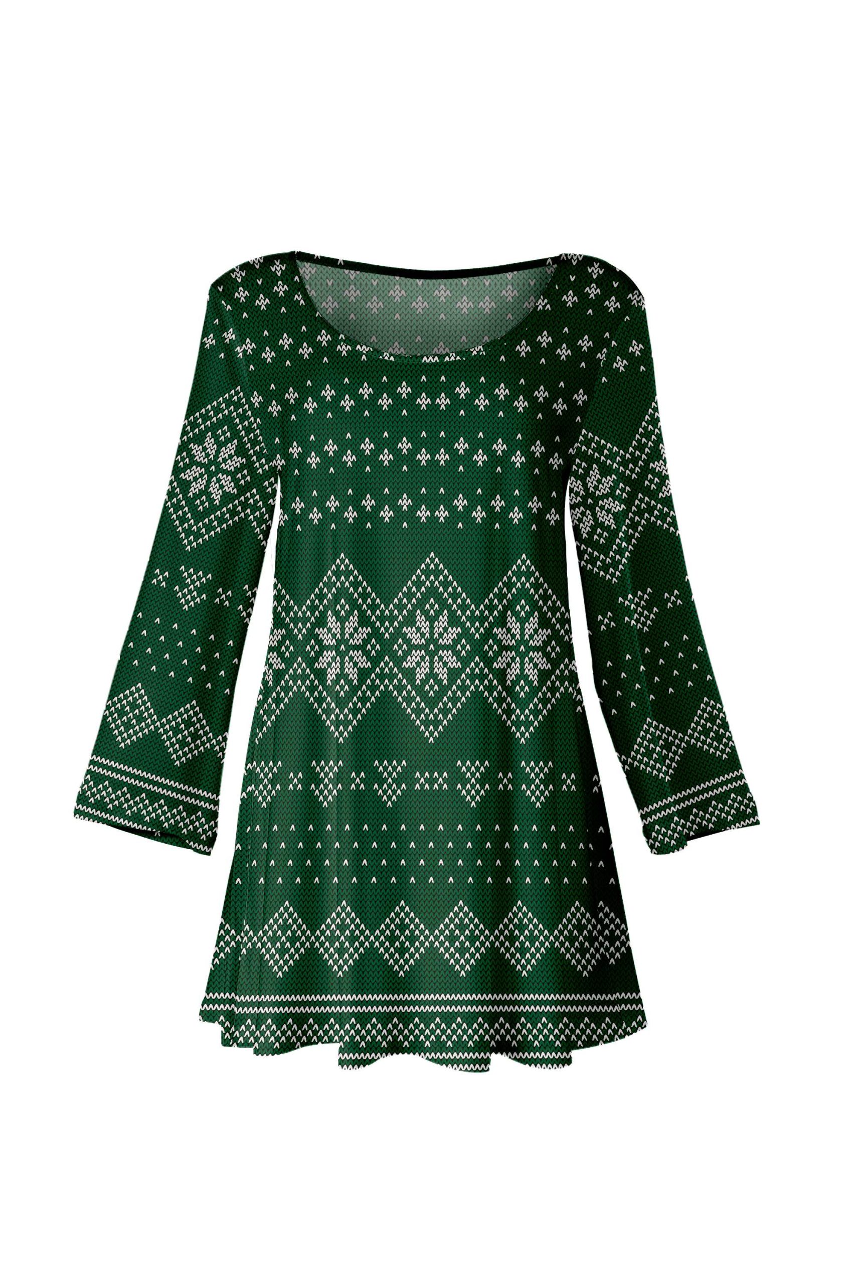 Lily by Firmiana Women's Long Sleeve Scoop Neck Flared Hem Tunic Green Fair Isle Sweater Print