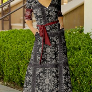 Lily by Firmiana Women's ? Sleeve Wrap-Style Maxi Dress with Tie Black & Red Border Print