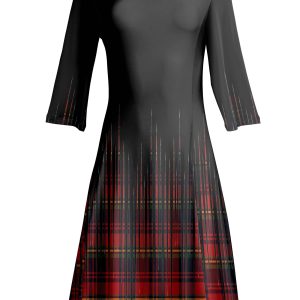 Lily by Firmiana Women's ¾ Sleeve Fit-and-Flare Dress Red & Black Plaid Fade