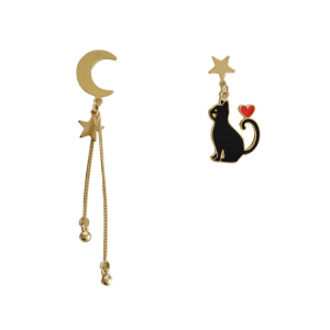 Black Cat Goldtone Celestial Asymmetrical Drop Earrings