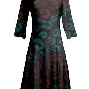 Lily by Firmiana Women's ¾ Sleeve Fit-and-Flare Dress Teal & Brown Baroque Print