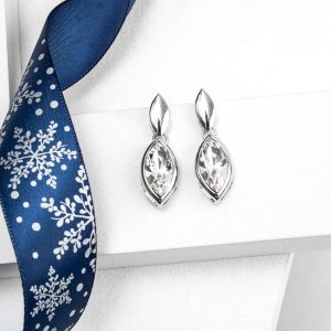 callura Silvertone Clear Marquis Double Drop Earrings with Swarovski Crystals