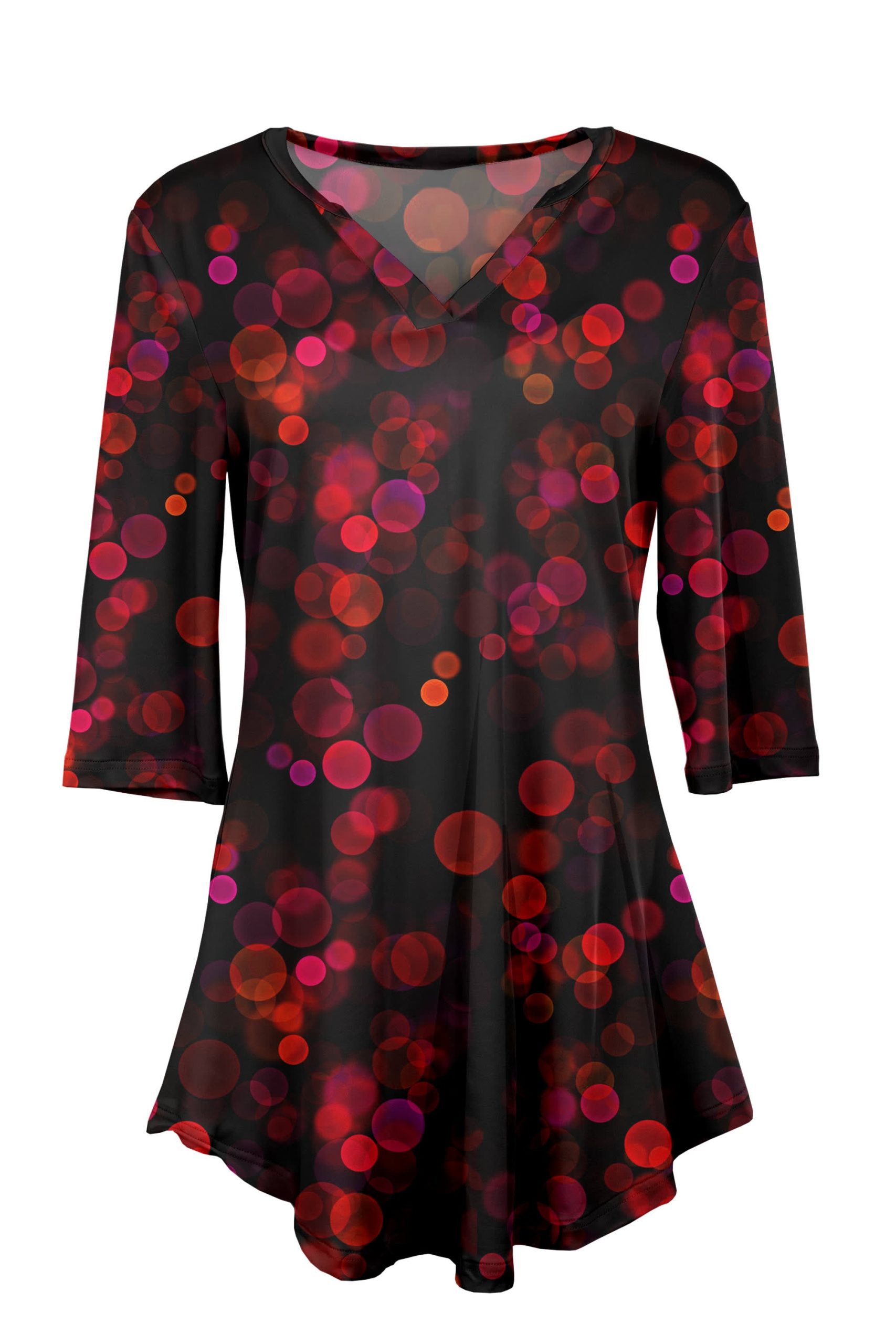 Lily by Firmiana Women's 3/4 Sleeve Notch Neck Tunic Red Ornament Lights Holiday Print - Image 3
