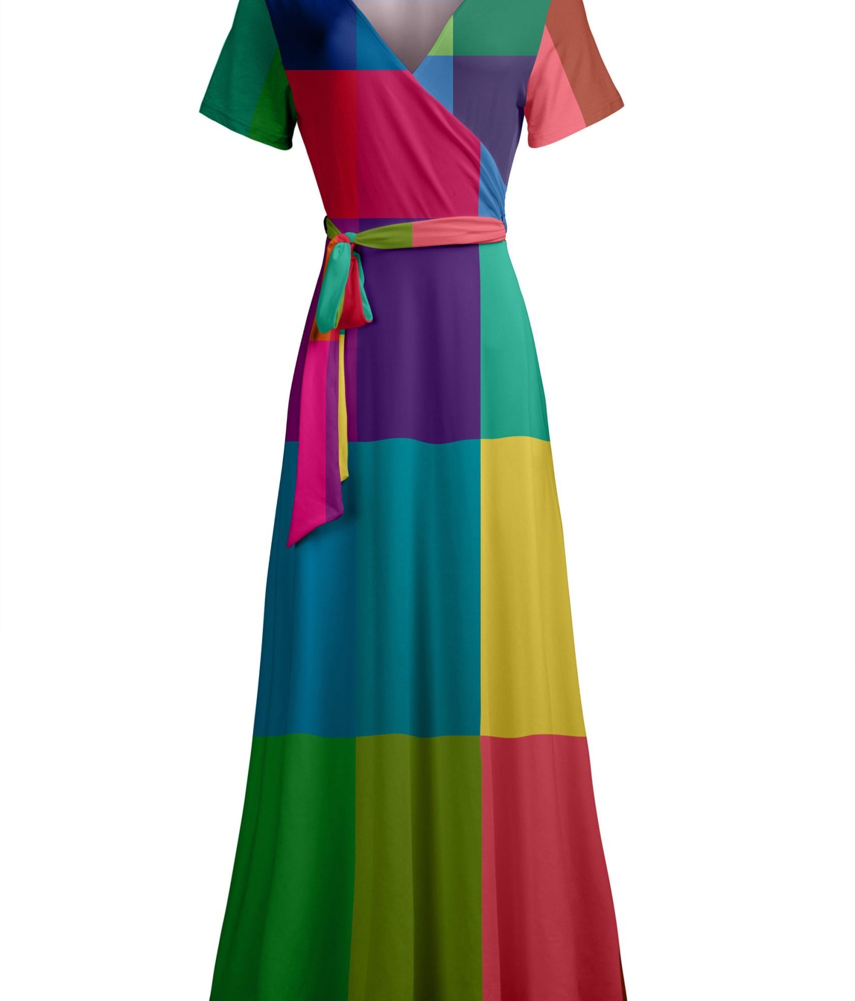 Lily by Firmiana Women's Short Sleeve Wrap-Style Maxi Dress with Tie Multicolor Block Wrap