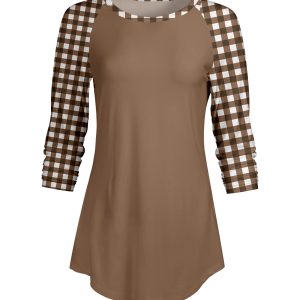 Lily by Firmiana Women's ¾ Sleeve Scoop Neck Tunic Top Brown & White Plaid Print