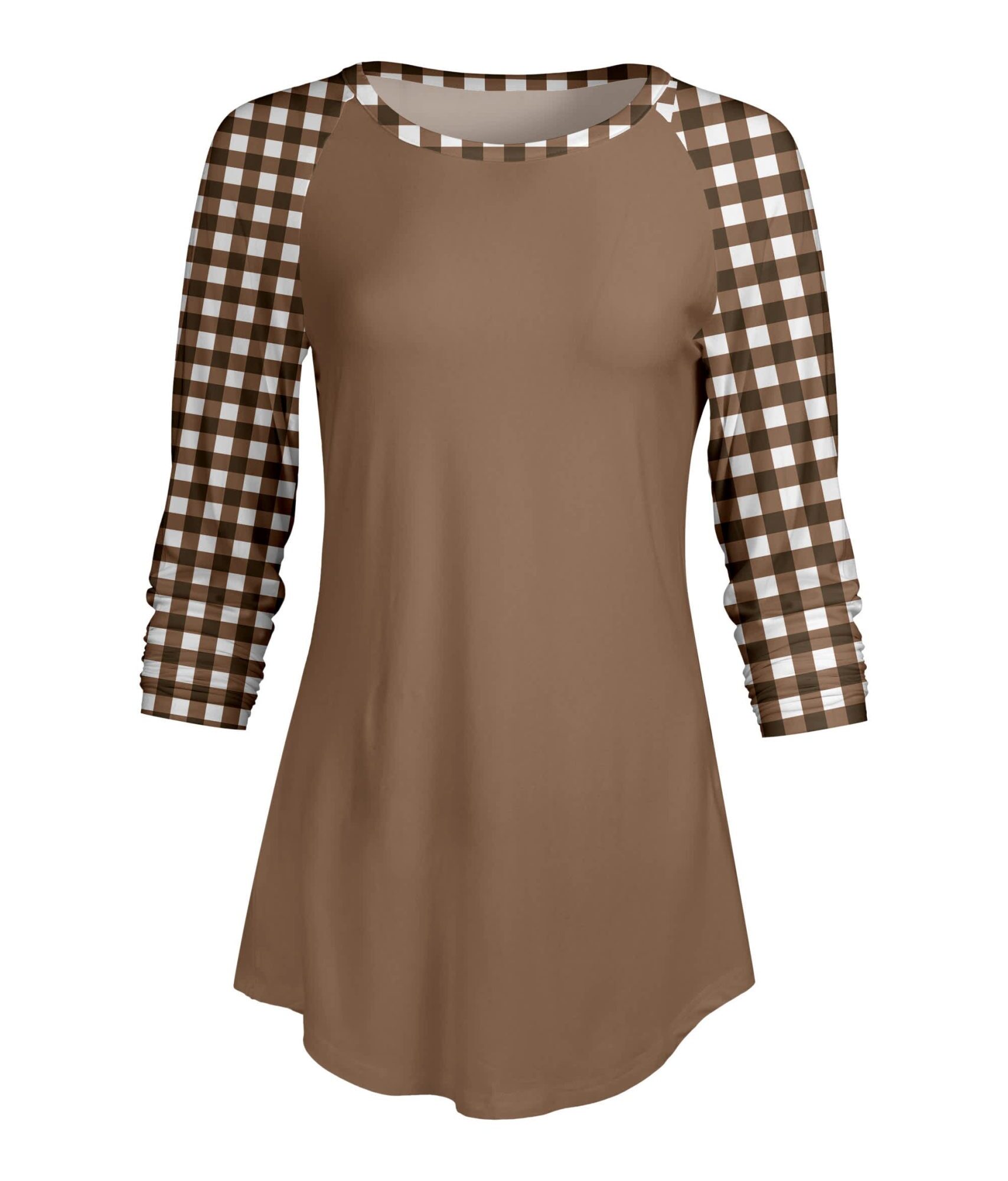 Lily by Firmiana Women's ¾ Sleeve Scoop Neck Tunic Top Brown & White Plaid Print