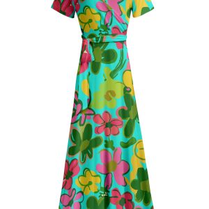 Lily by Firmiana Women's Short Sleeve Wrap-Style Maxi Dress with Tie Green & Red Tropical Leaf Mix
