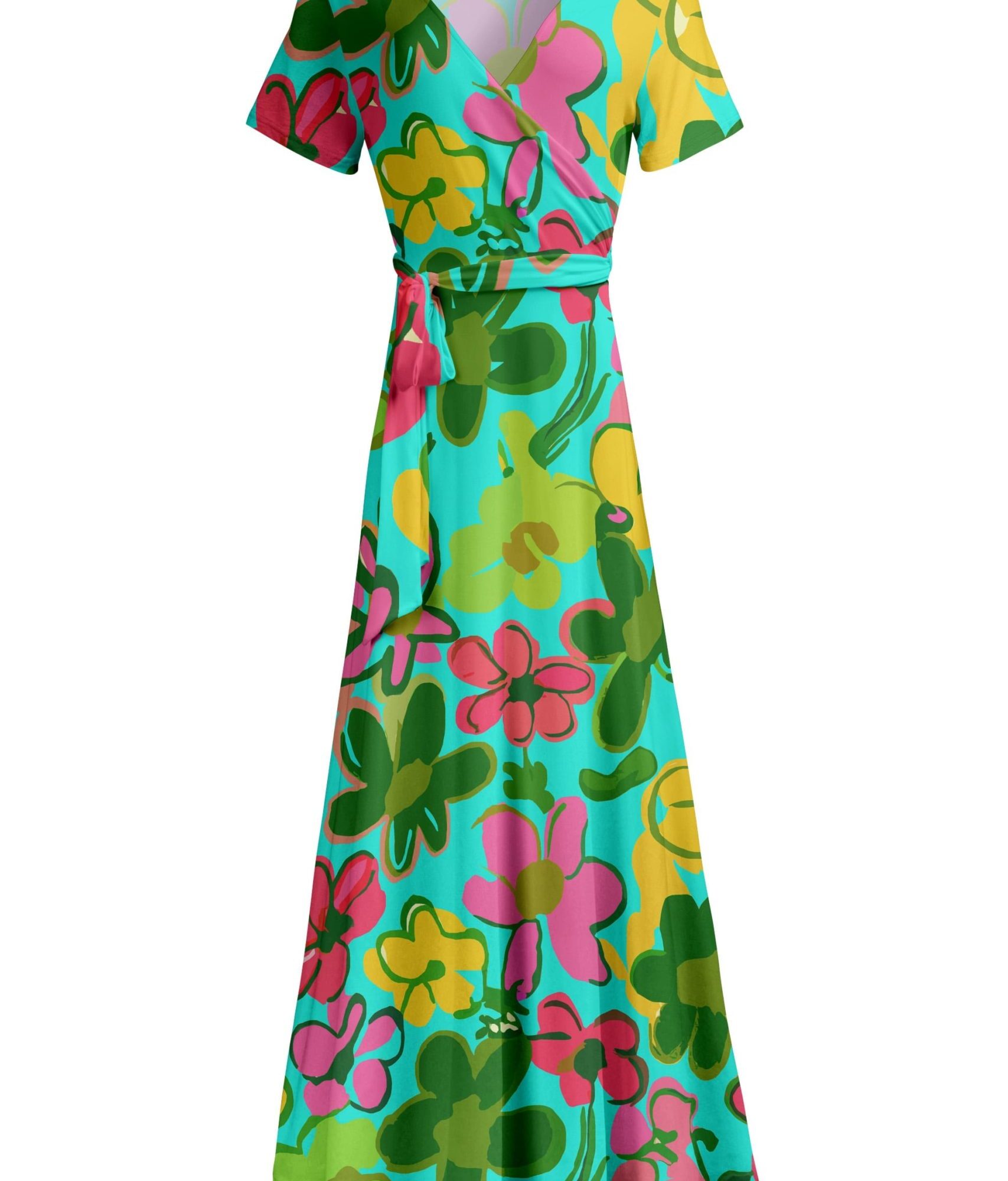 Lily by Firmiana Women's Short Sleeve Wrap-Style Maxi Dress with Tie Green & Red Tropical Leaf Mix