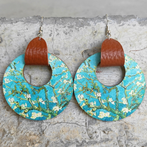 Turquoise Cherry Blossom - Faux Leather Strap & Patterned Circular Drop Earrings