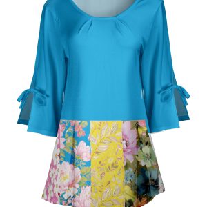 Lily by Firmiana Women's Round Neck Tunic with Split Hem ¾ Sleeves and Tie Detail Blue & Yellow Floral Patchwork