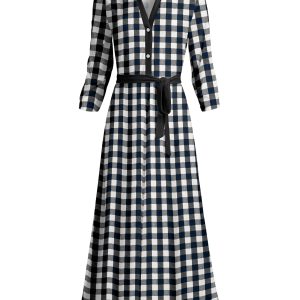 Lily by Firmiana Women's Long Sleeve Collared Maxi Dress with Tie Black & White Gingham Check