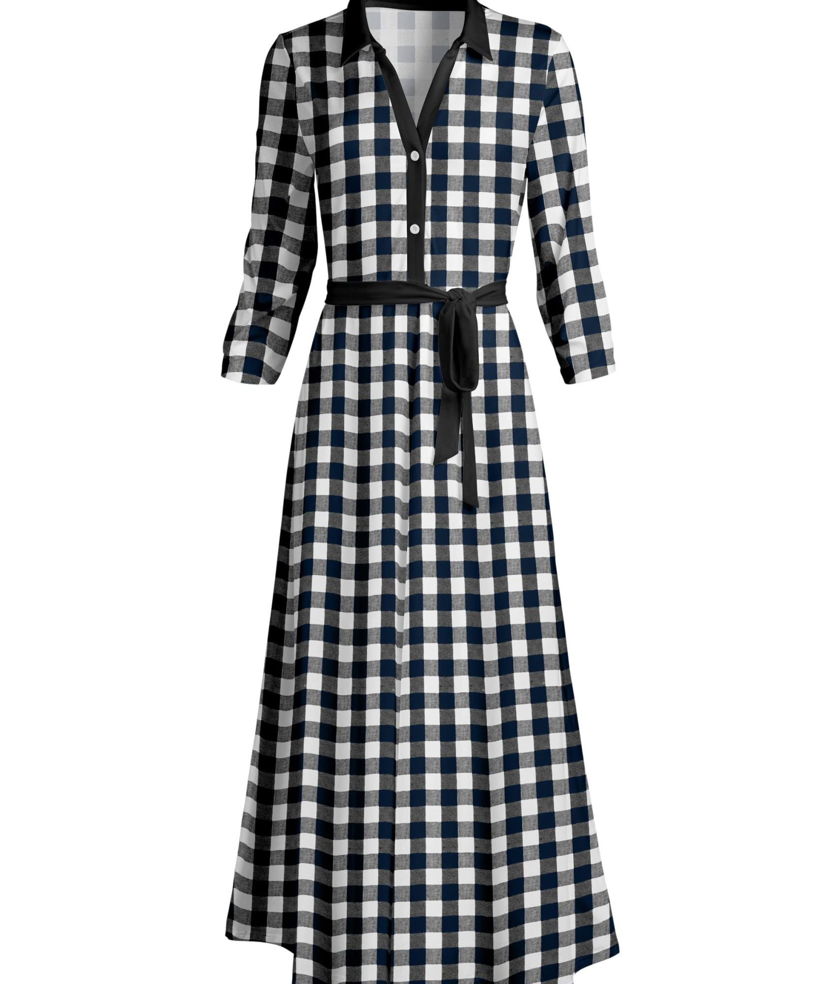 Lily by Firmiana Women's Long Sleeve Collared Maxi Dress with Tie Black & White Gingham Check