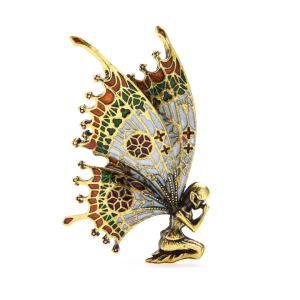 Don't AsK Vintage Brass Orange & Green Winged Fairy Brooch ?C Art Nouveau Style Pin