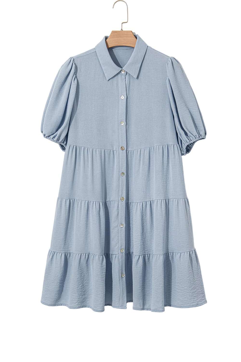 Threaded Pear Arya Shirt Collar Button Up Puff Sleeve Tiered Dress - Image 6
