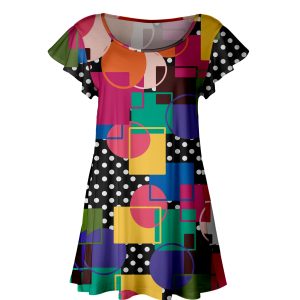 Lily by Firmiana Women's Short Sleeve Flutter Hem Tunic Top Multicolor Block Patchwork