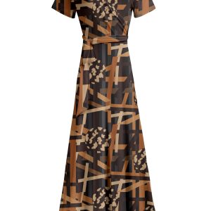 Lily by Firmiana Women's Short Sleeve Wrap-Style Maxi Dress with Tie Brown & Black Geometric Mix
