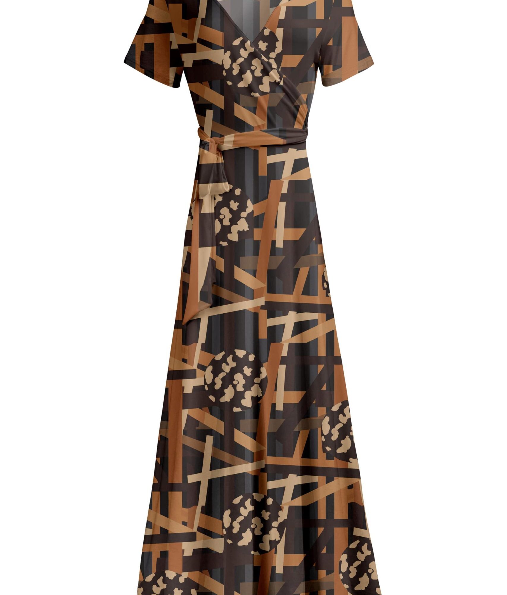Lily by Firmiana Women's Short Sleeve Wrap-Style Maxi Dress with Tie Brown & Black Geometric Mix