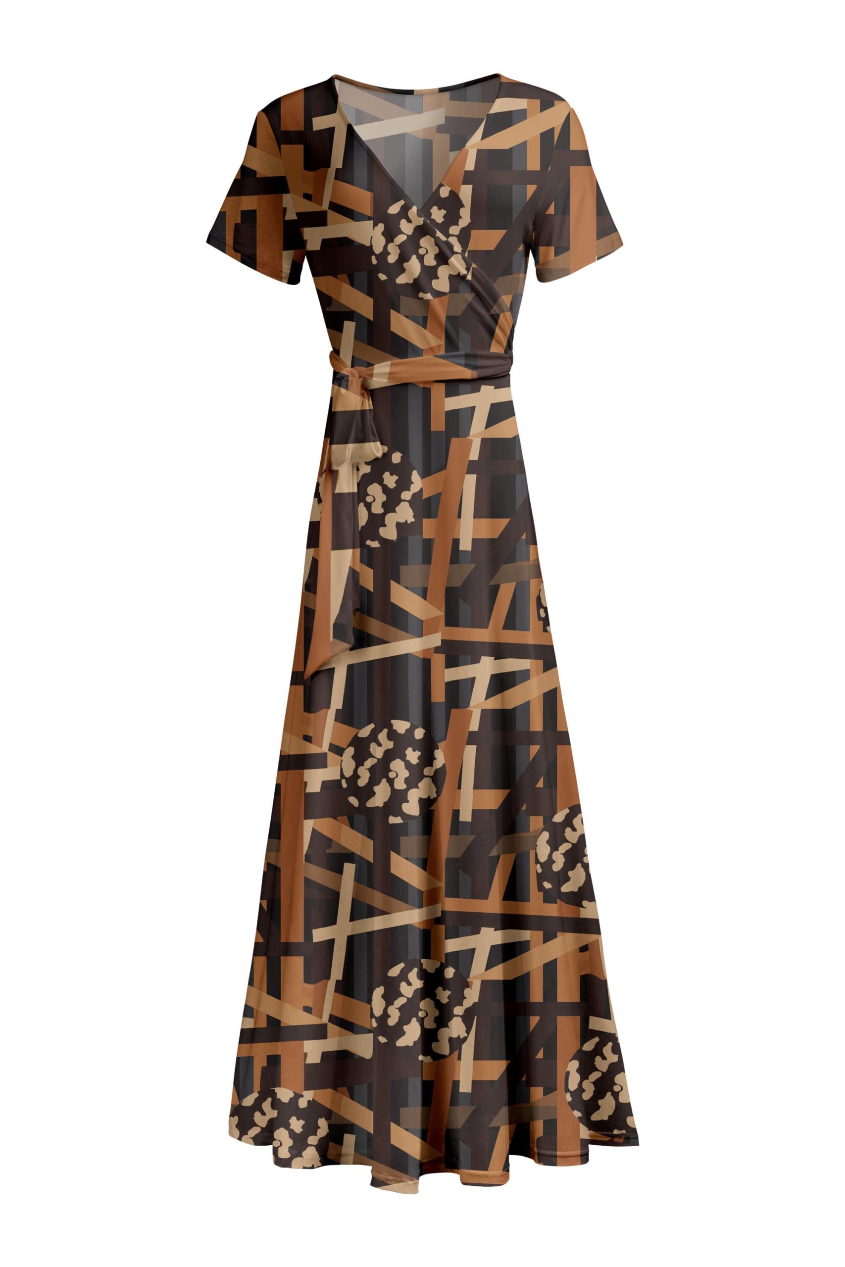 Lily by Firmiana Women's Short Sleeve Wrap-Style Maxi Dress with Tie Brown & Black Geometric Mix
