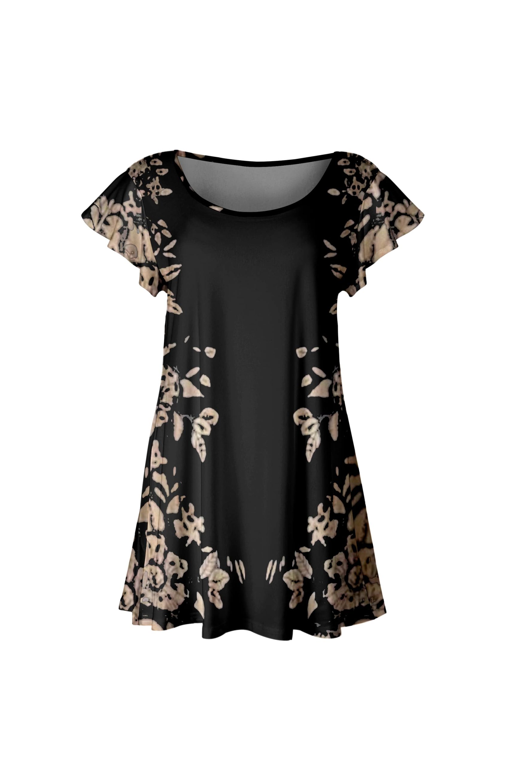 Lily by Firmiana Women's Short Sleeve Flutter Hem Tunic Top Black & Gold Floral Border - Image 3