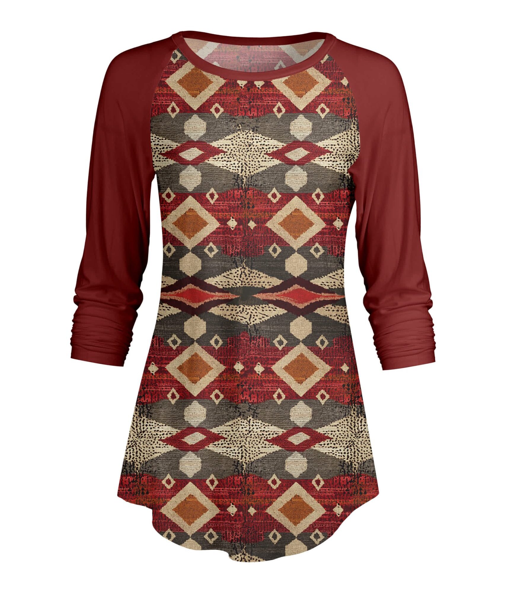 Lily by Firmiana Women's ¾ Sleeve Scoop Neck Tunic Top Red & Tan Aztec Pattern