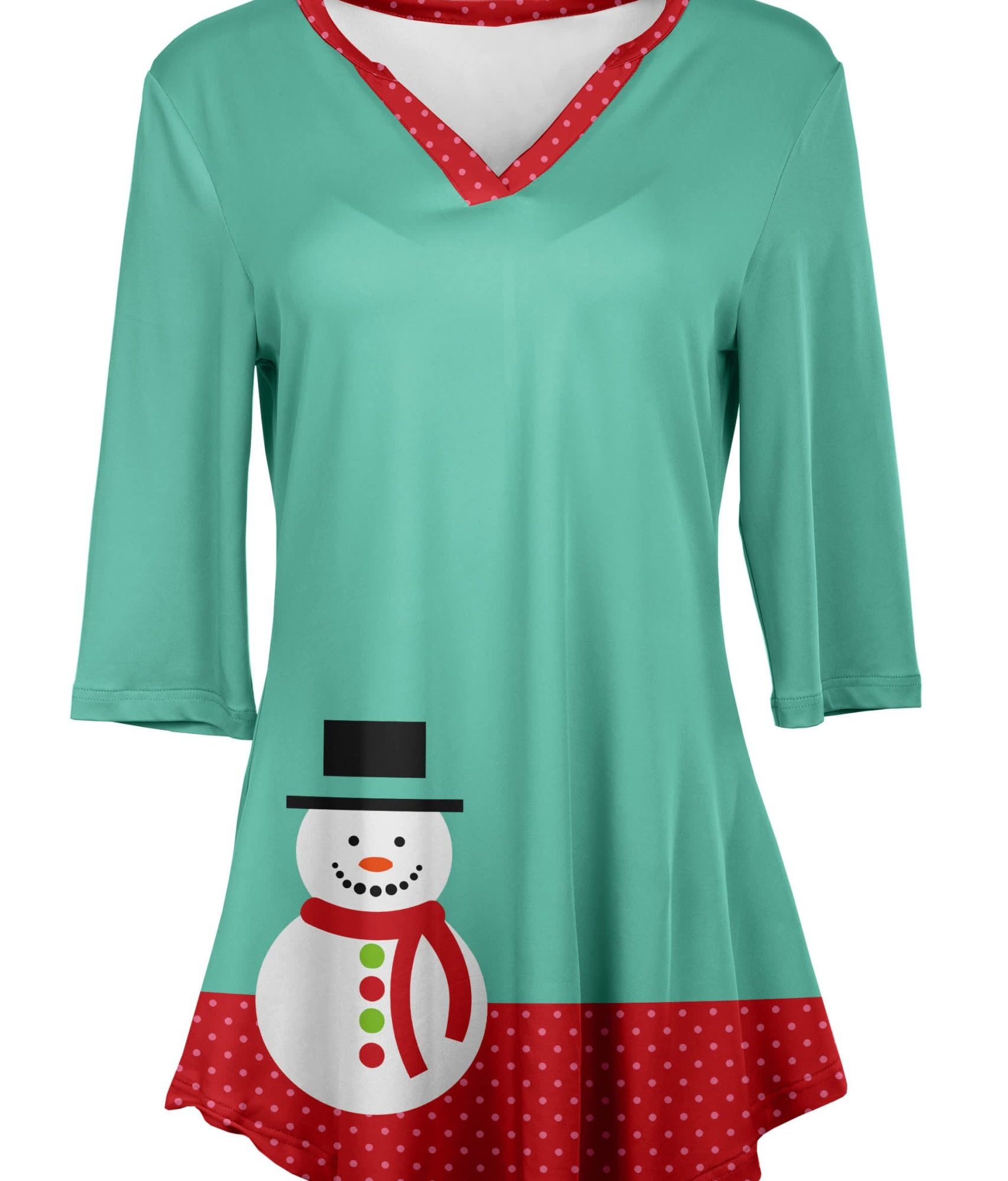 Lily by Firmiana Women's 3/4 Sleeve Notch Neck Tunic Aqua Snowman Holiday Top