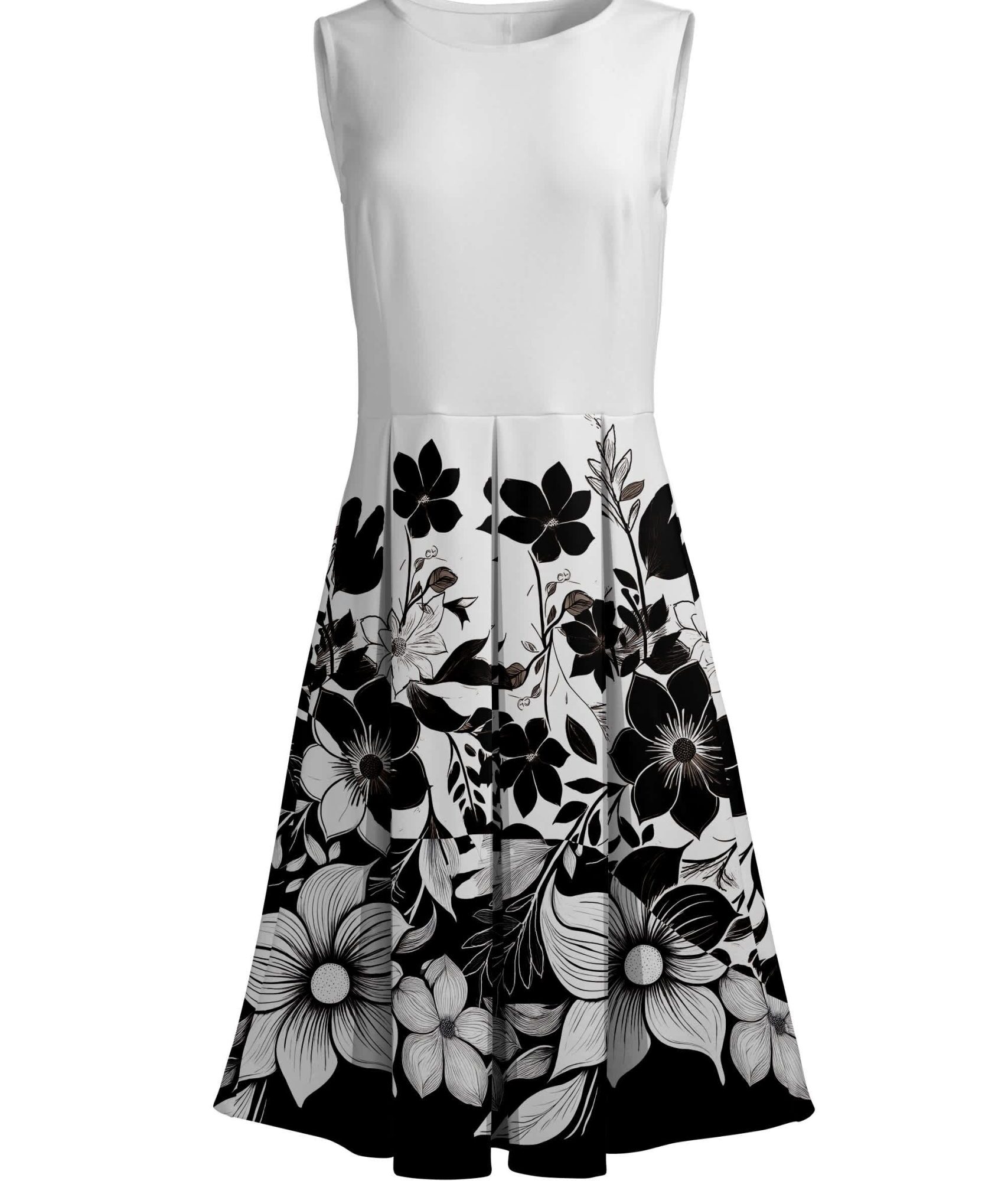 Lily by Firmiana Women's Sleeveless Dress with Pleated Skirt White & Black Floral Border