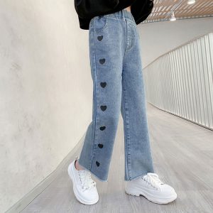 Blue Heart-Embroidery Midi-Rise Straight Leg Jeans
